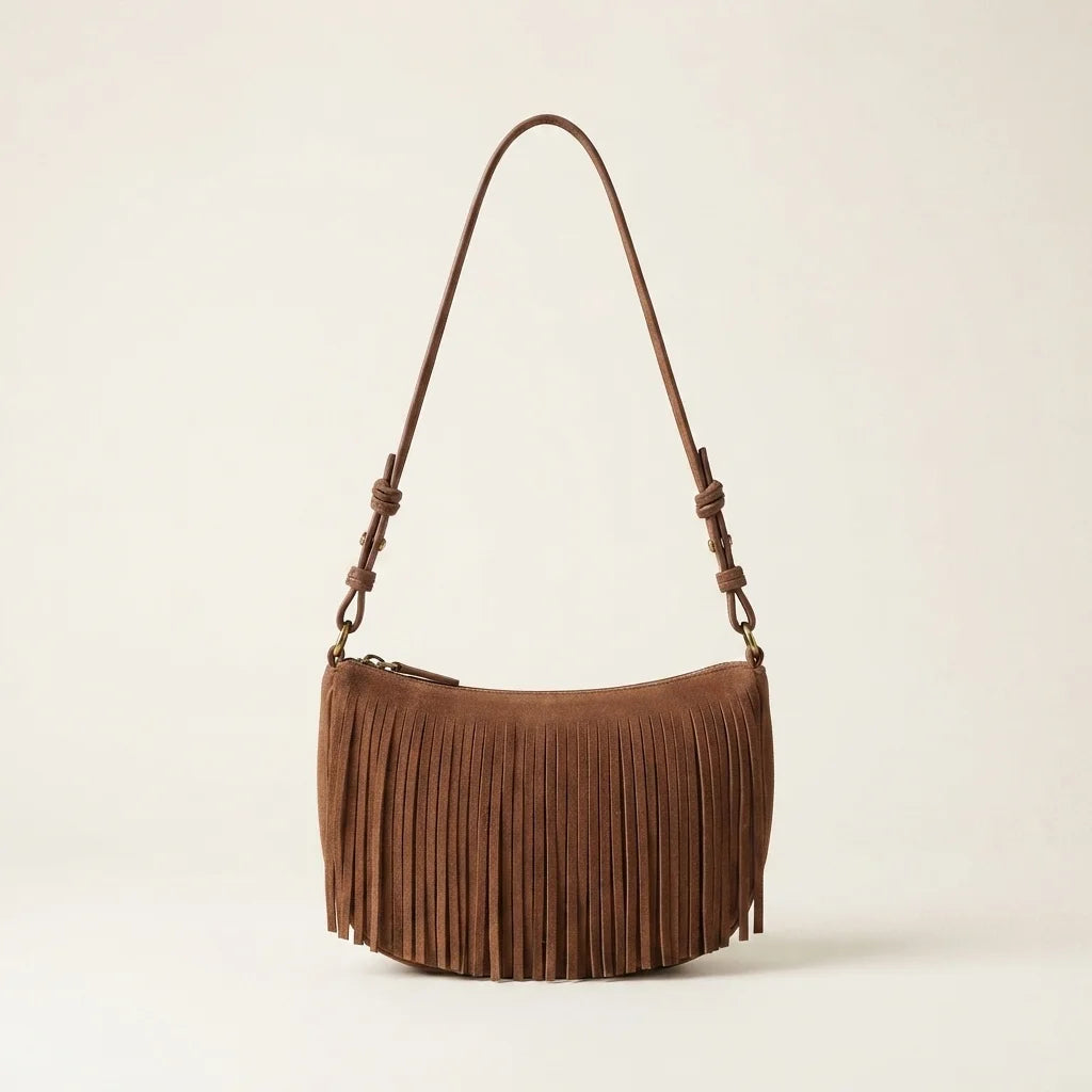 Brown brown fringed sling bag, front view