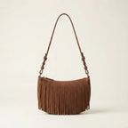 Brown brown fringed sling bag, front view