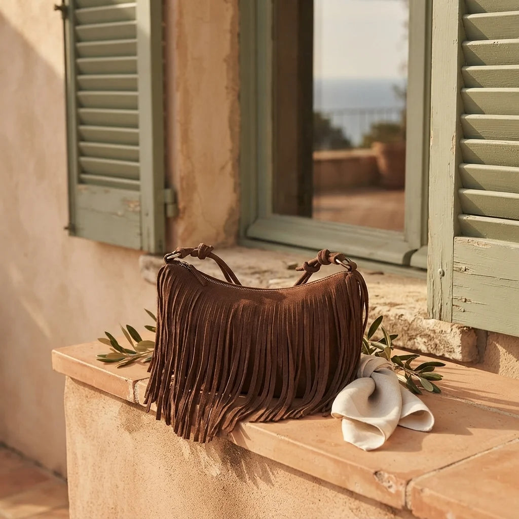 Brown brown fringed sling bag styled in a warm Mediterranean setting