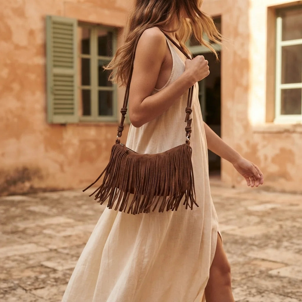 Woman wearing Brown brown fringed sling bag with swaying fringe