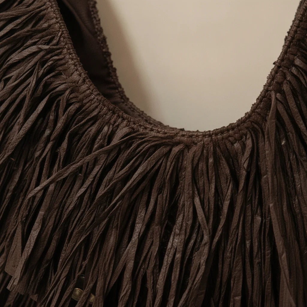 Close-up of fringe stitching and texture on Brown brown leather hobo fringe bag