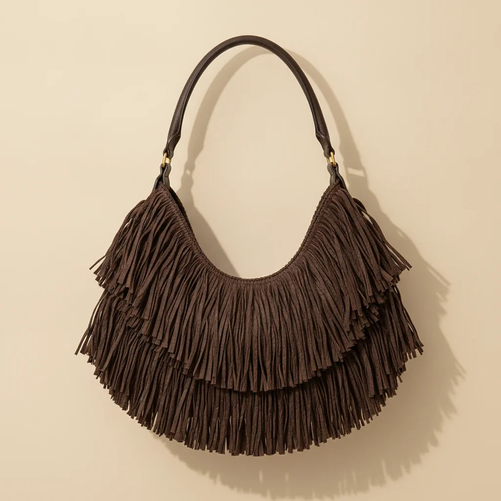 Brown brown leather hobo fringe bag, front view