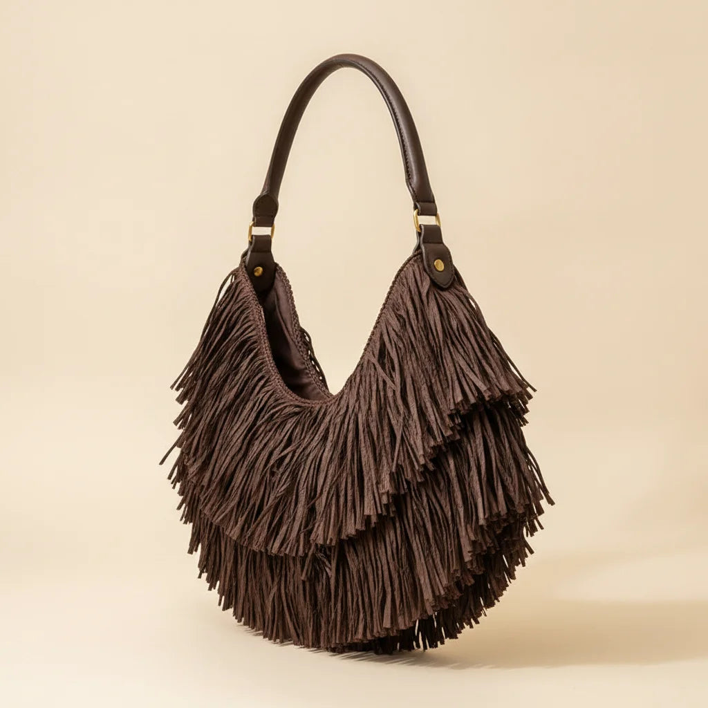 Brown brown leather hobo fringe bag, three-quarter angle showing side depth