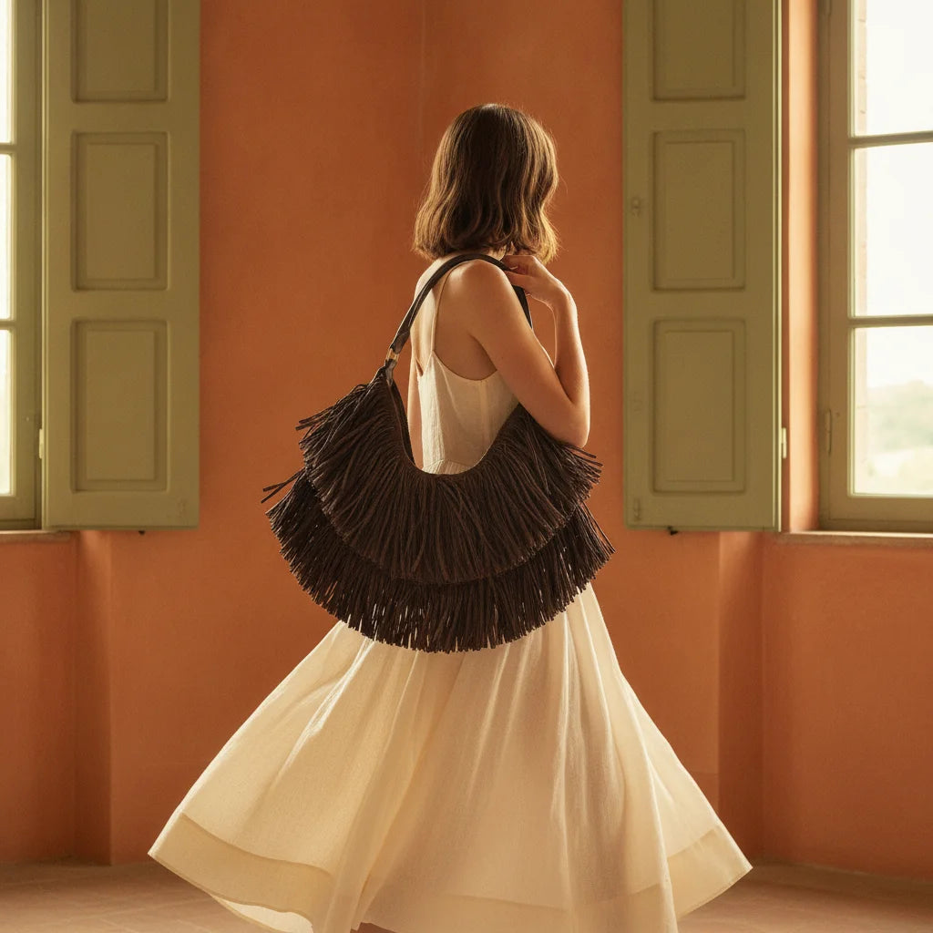 Woman wearing Brown brown leather hobo fringe bag with swaying fringe