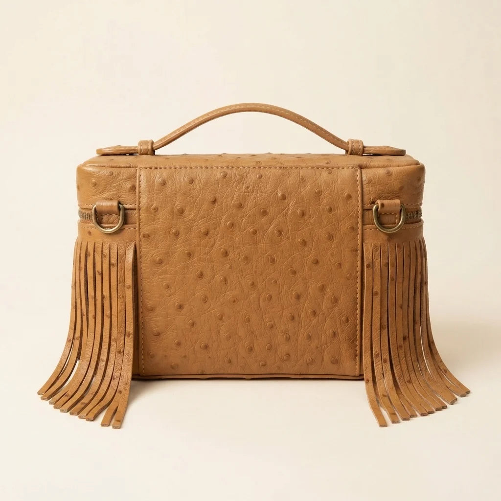 Back panel of Golden Brown brown leather shoulder bag with fringe with strap attachments