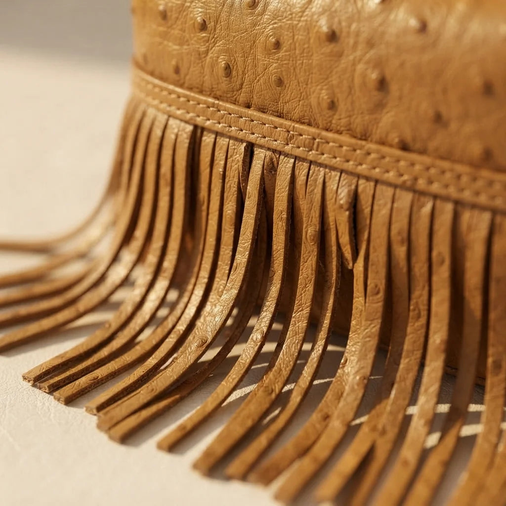 Close-up of fringe stitching and texture on Golden Brown brown leather shoulder bag with fringe