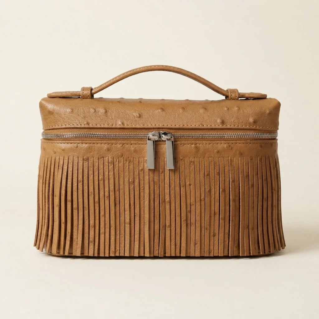 Golden Brown brown leather shoulder bag with fringe, front view