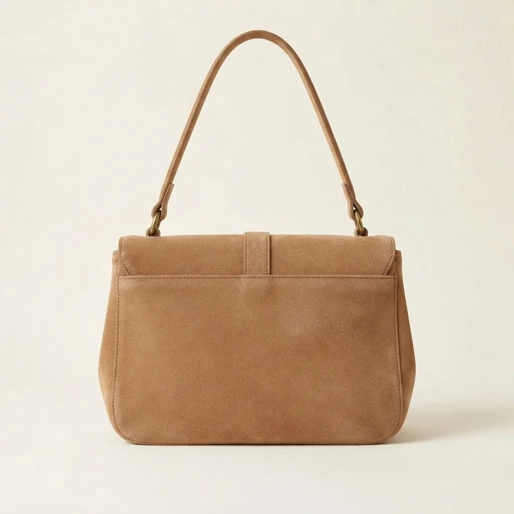 Back panel of Light Brown brown satchel bag with fringe with strap attachments