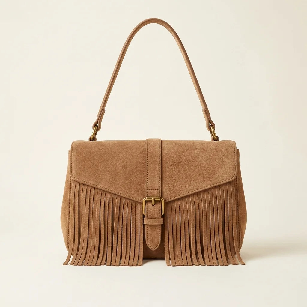Light Brown brown satchel bag with fringe, front view