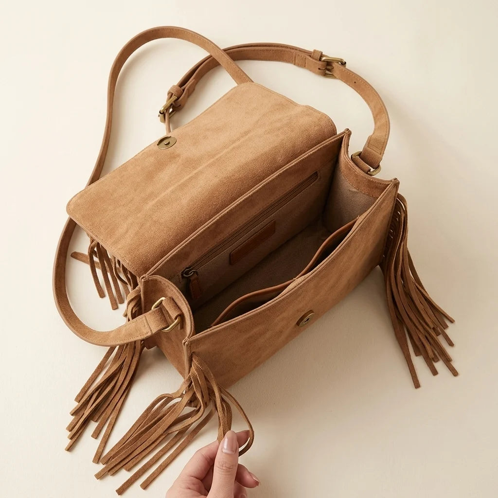 Interior lining and pockets of Light Brown brown satchel bag with fringe