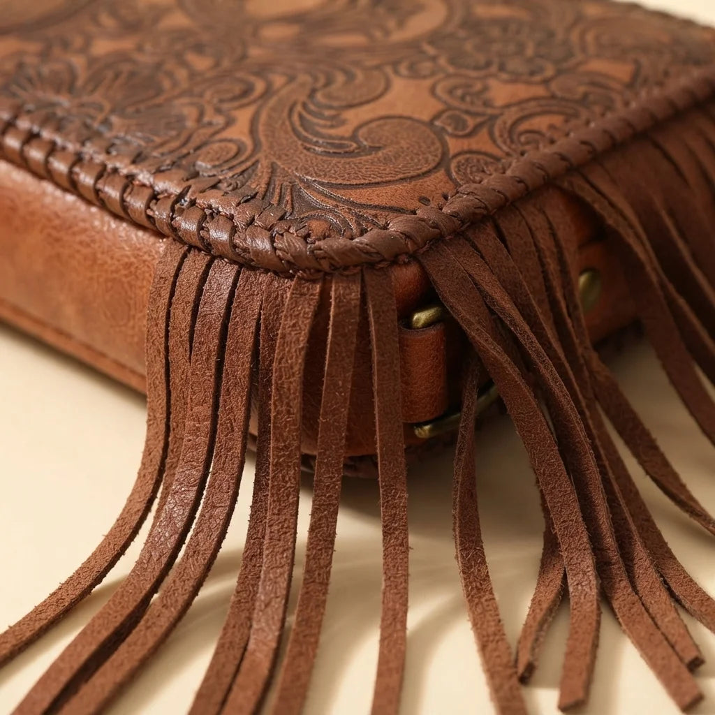 Close-up of fringe stitching and texture on Brown brown studded fringe hobo crossbody bag