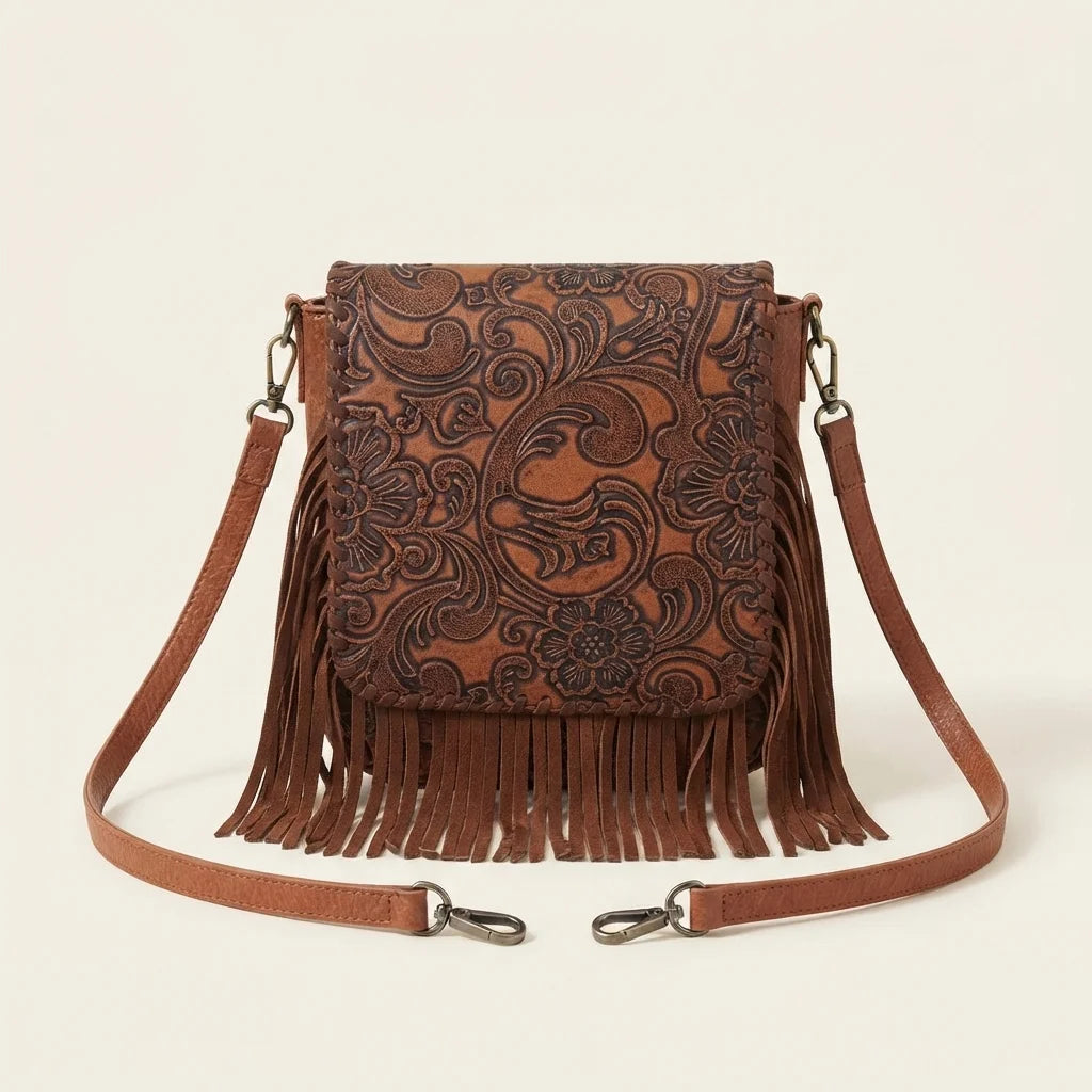 Brown brown studded fringe hobo crossbody bag, front view