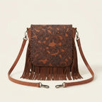 Brown brown studded fringe hobo crossbody bag, front view