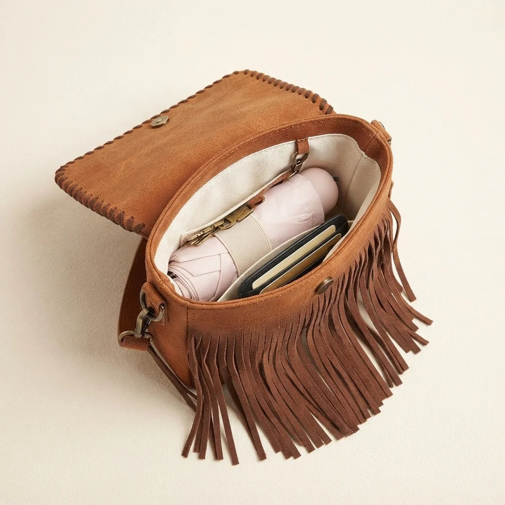 Interior lining and pockets of Brown brown studded fringe hobo crossbody bag