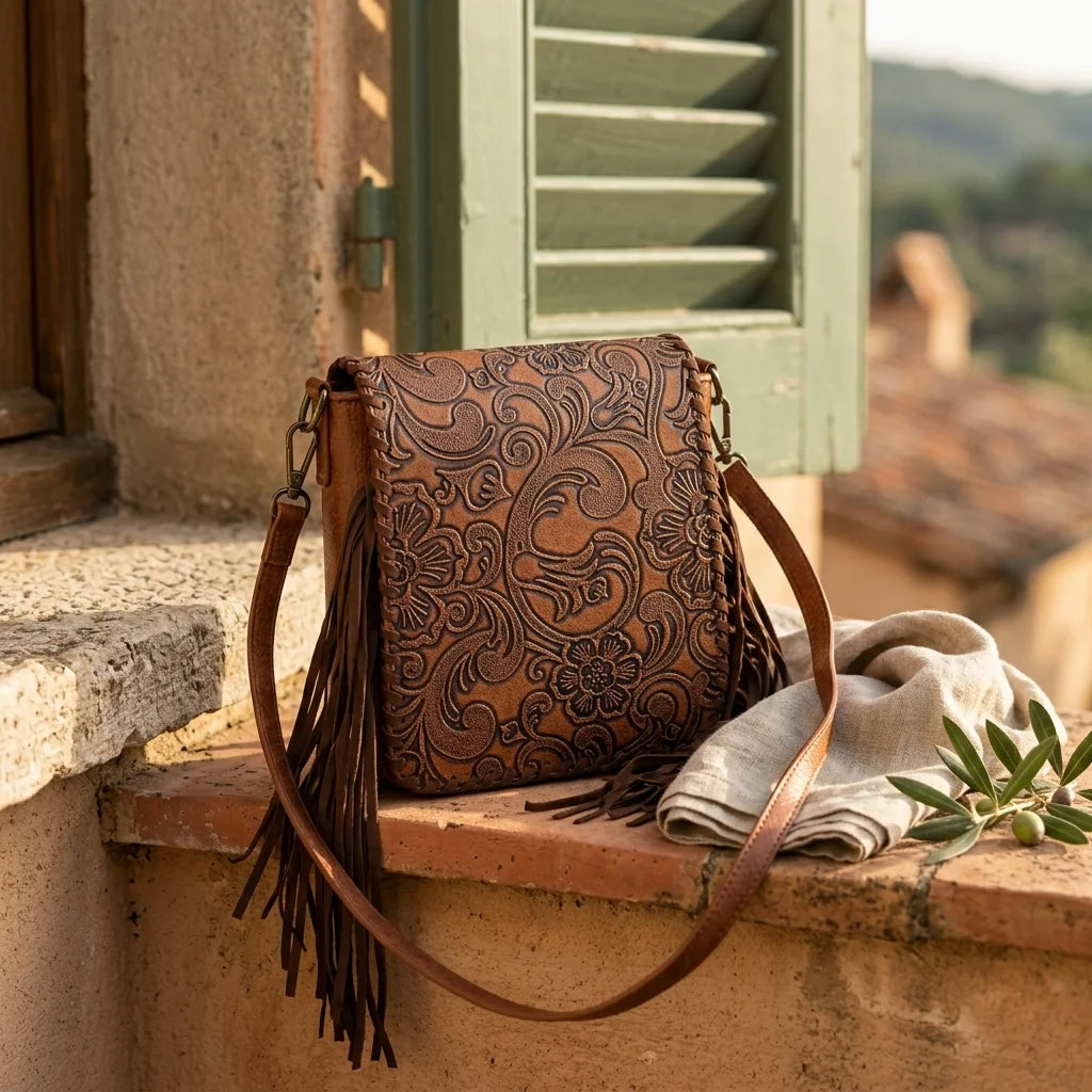 Brown brown studded fringe hobo crossbody bag styled in a warm Mediterranean setting