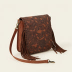 Brown brown studded fringe hobo crossbody bag, three-quarter angle showing side depth