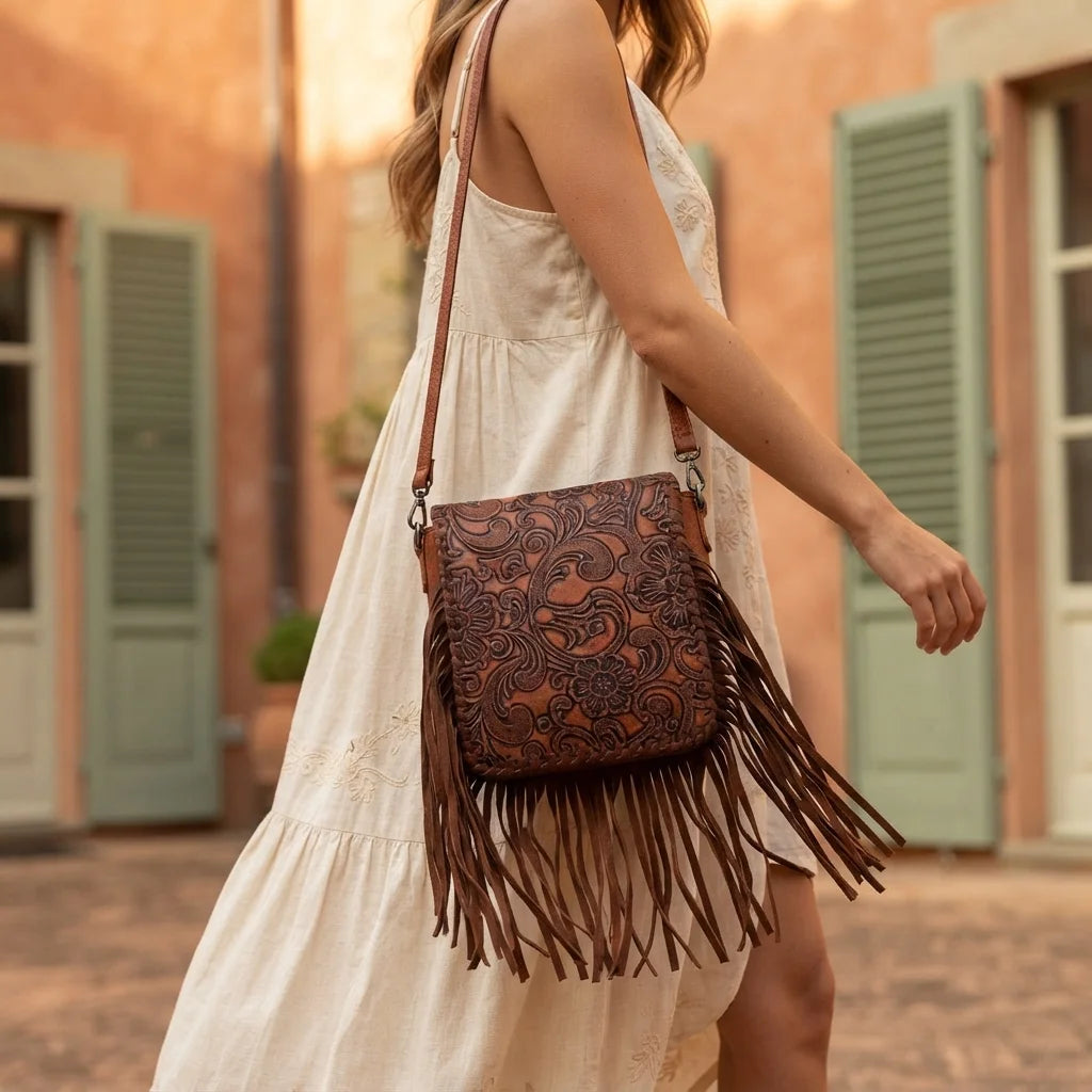 Woman wearing Brown brown studded fringe hobo crossbody bag with swaying fringe