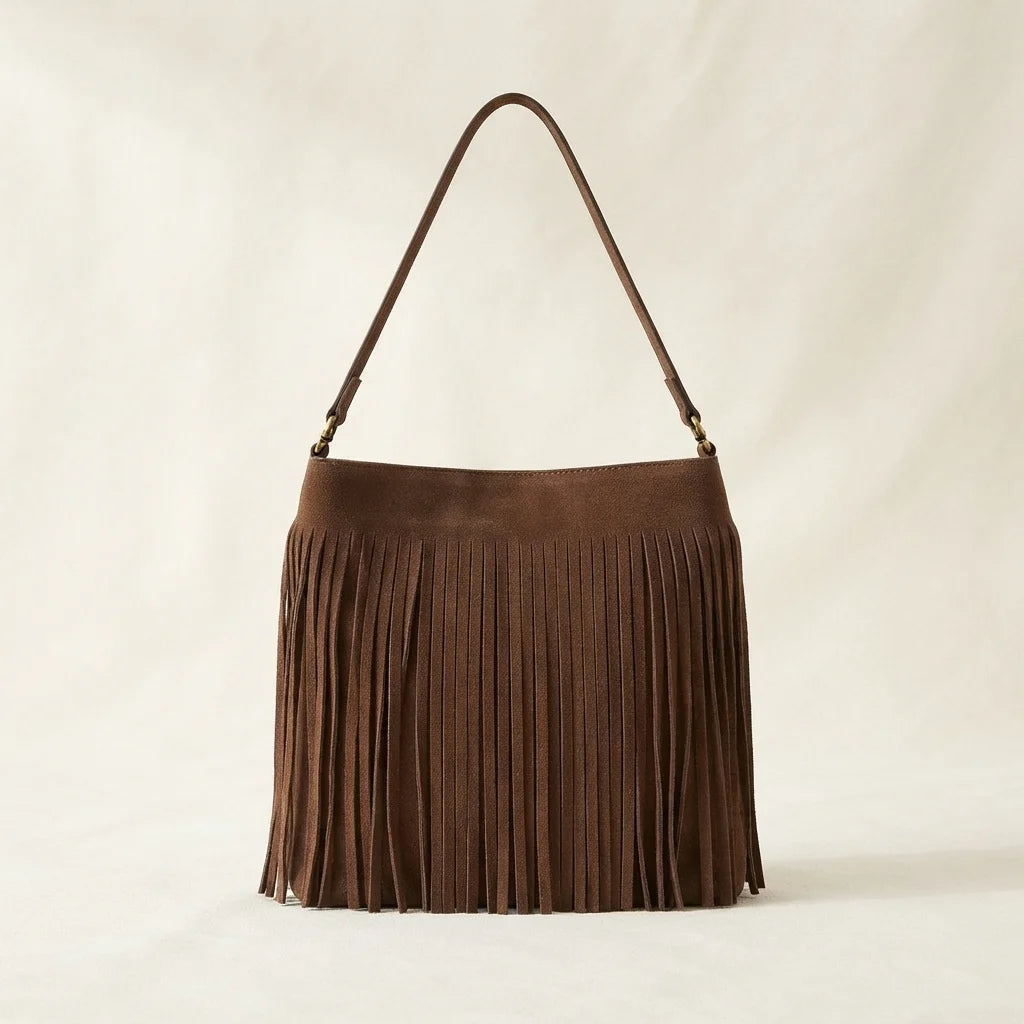 Brown brown suede fringe crossbody bag, front view