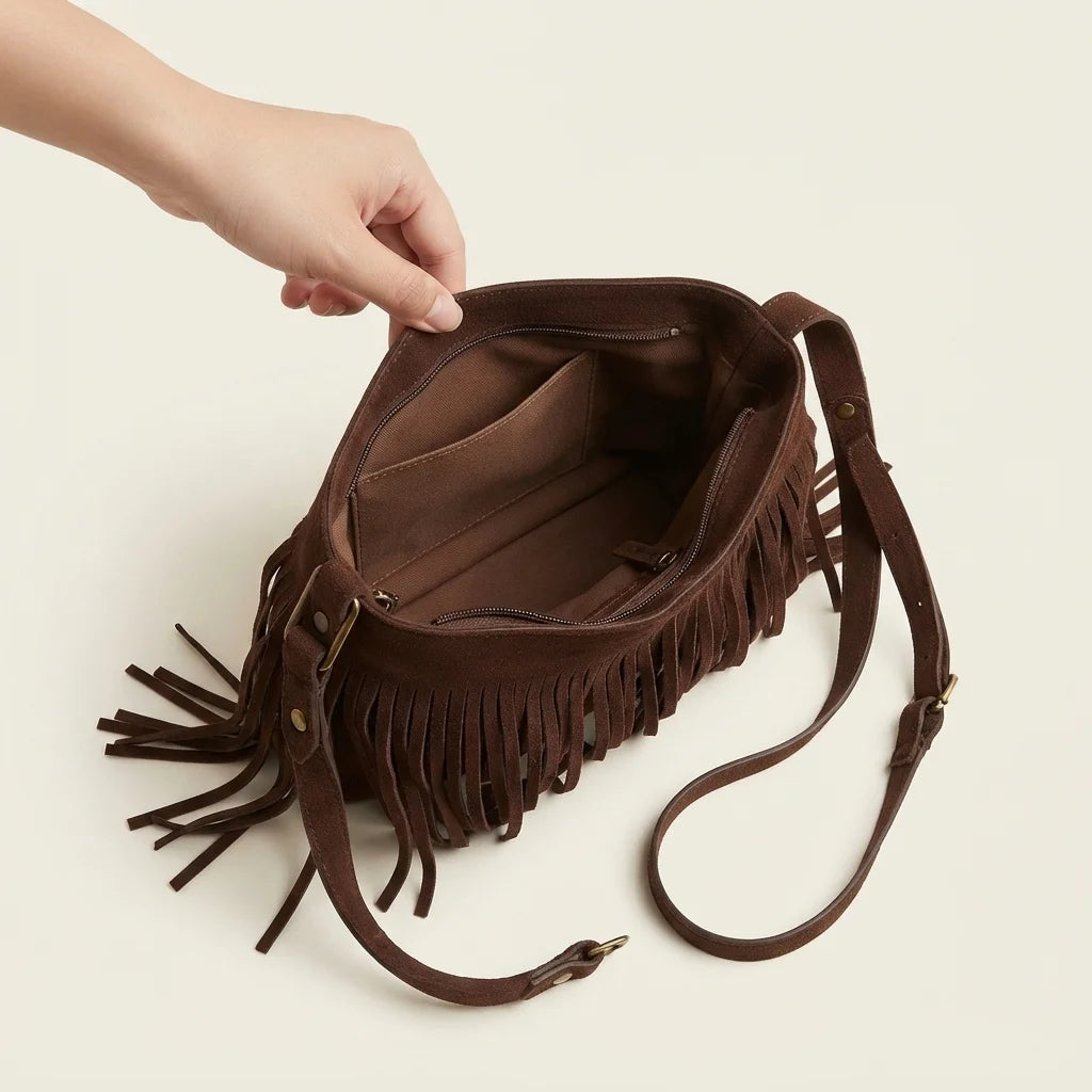 Interior lining and pockets of Brown brown suede fringe crossbody bag