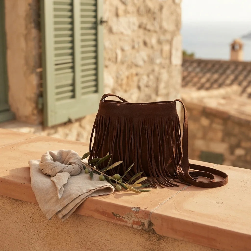 Brown brown suede fringe crossbody bag styled in a warm Mediterranean setting