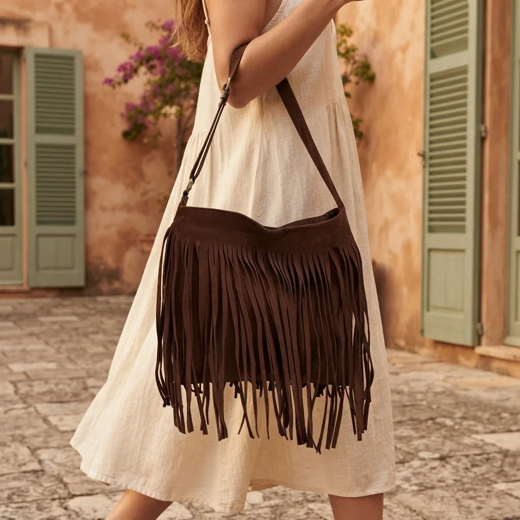 Woman wearing Brown brown suede fringe crossbody bag with swaying fringe