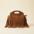 Brown brown suede fringe shoulder bag, front view