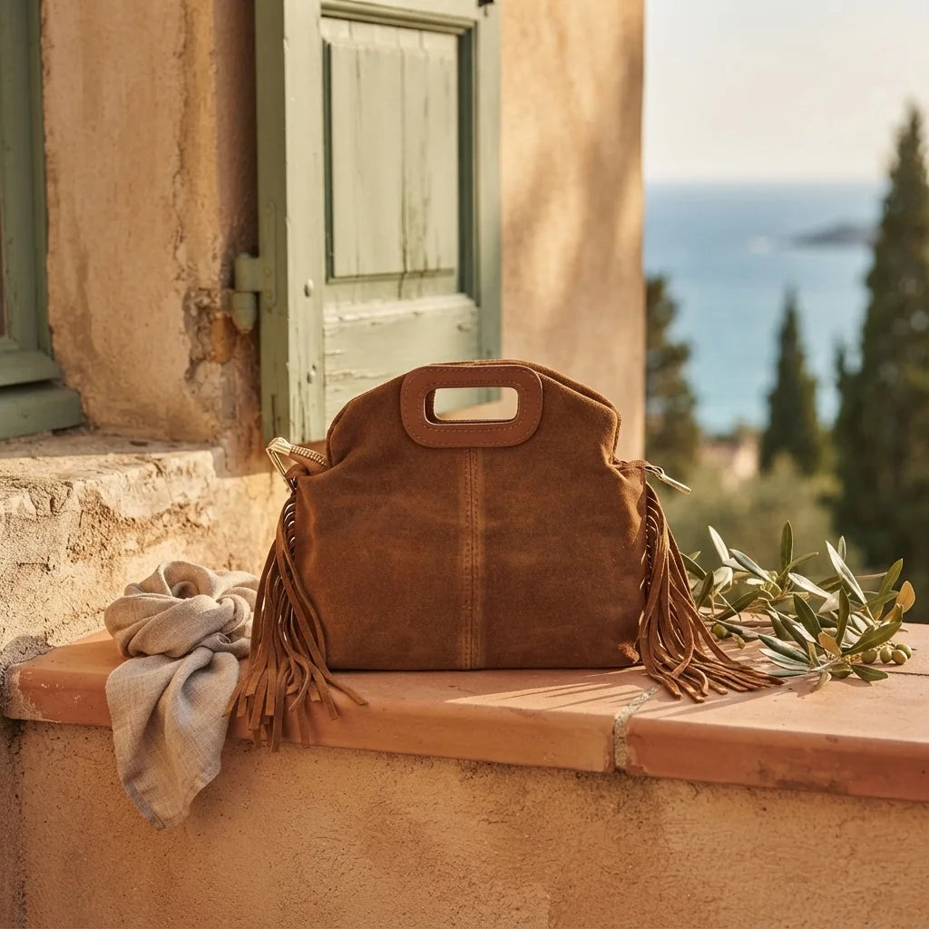 Brown brown suede fringe shoulder bag styled in a warm Mediterranean setting
