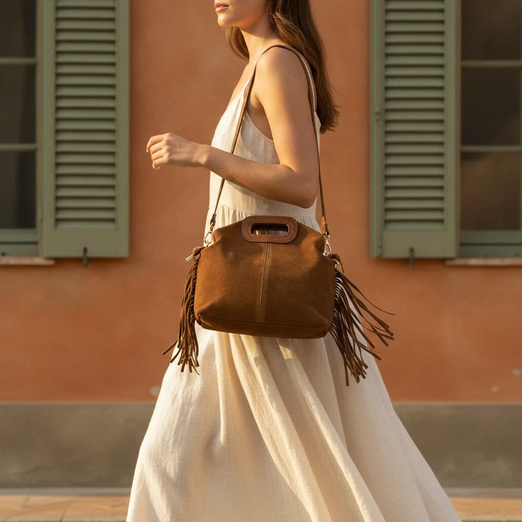 Woman wearing Brown brown suede fringe shoulder bag with swaying fringe