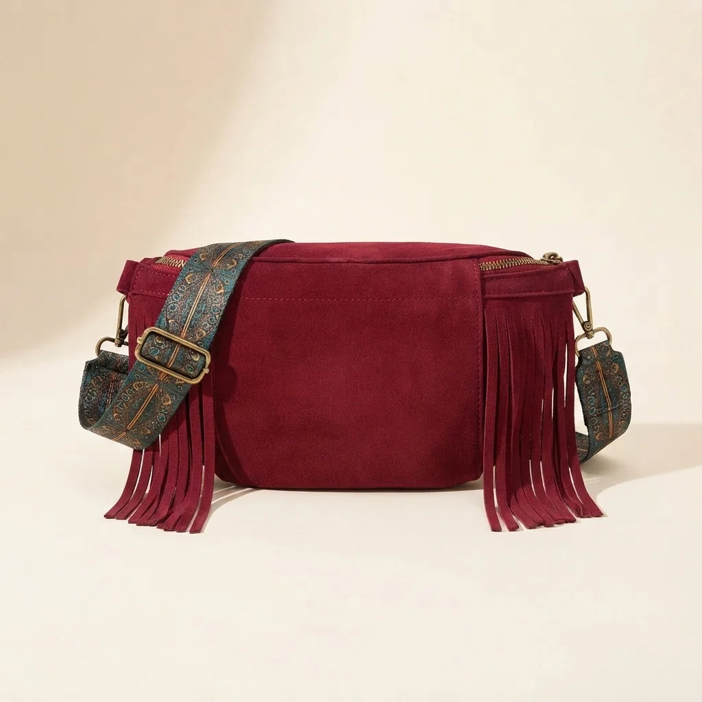 Back panel of Red burgundy fringe bag with strap attachments