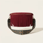 Red burgundy fringe bag, front view