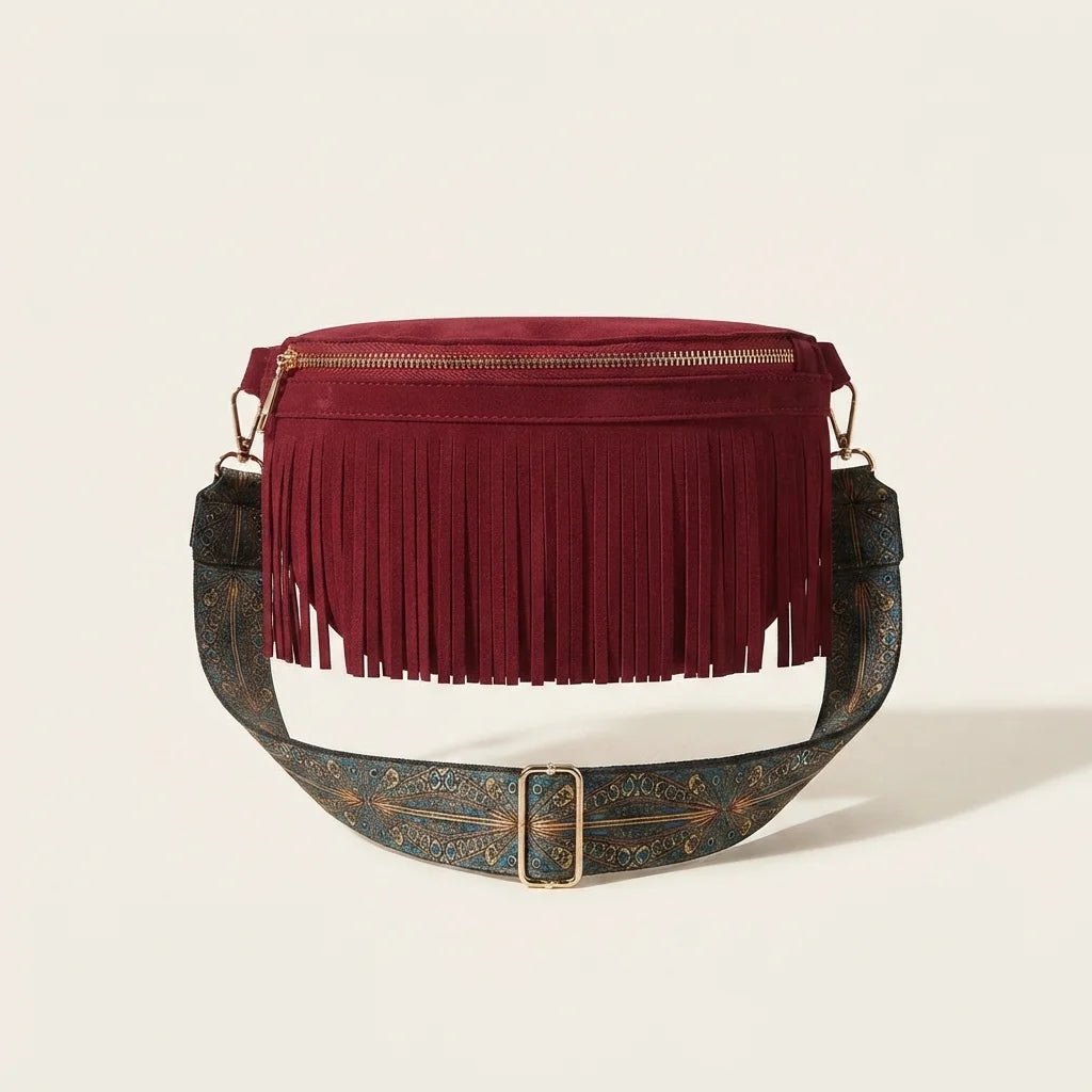 Red burgundy fringe bag, front view