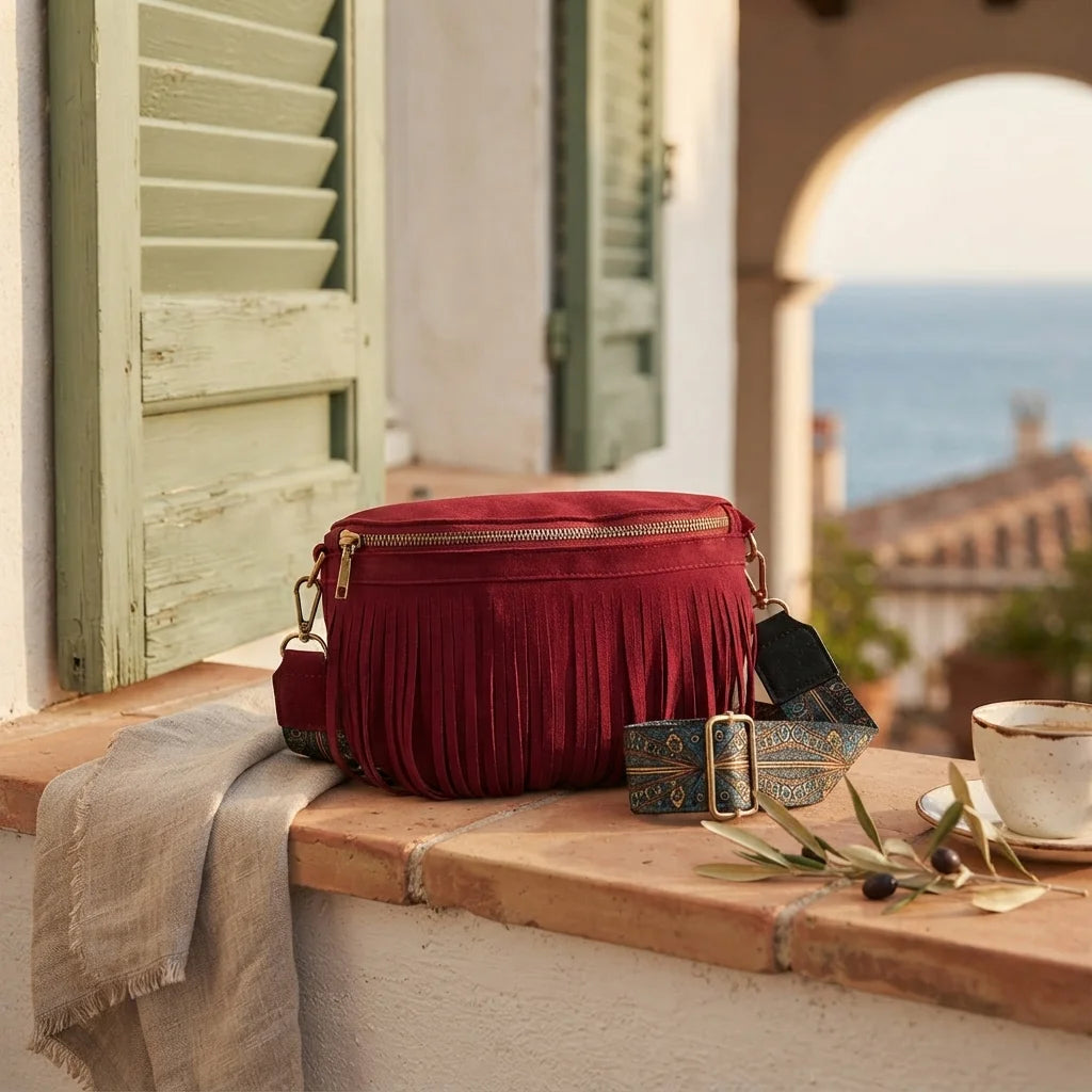Red burgundy fringe bag styled in a warm Mediterranean setting