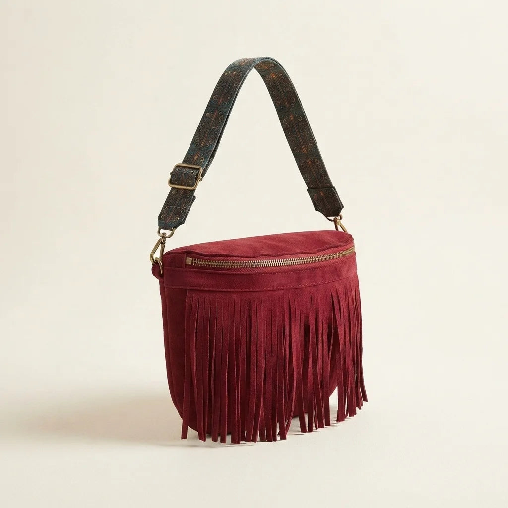 Red burgundy fringe bag, three-quarter angle showing side depth