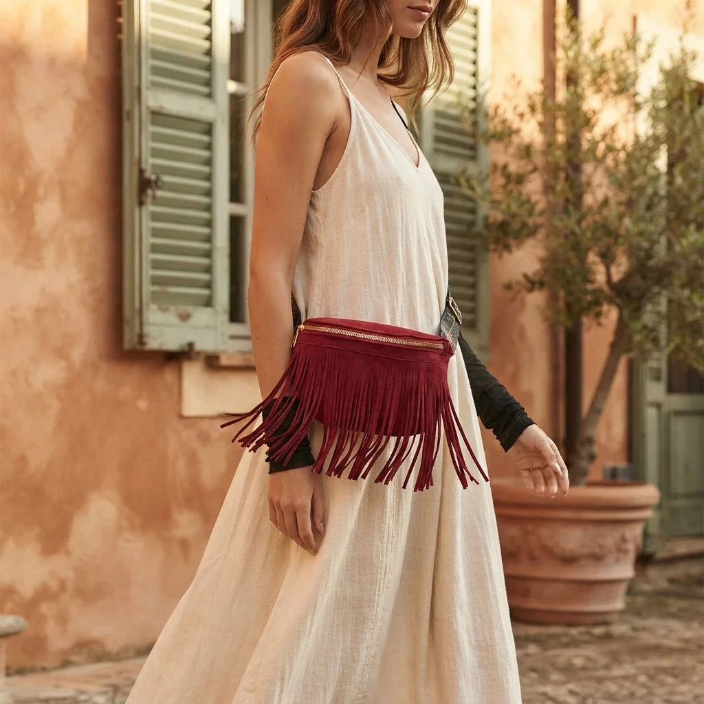 Woman wearing Red burgundy fringe bag with swaying fringe