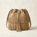 Khaki camel fringe bucket bag, front view