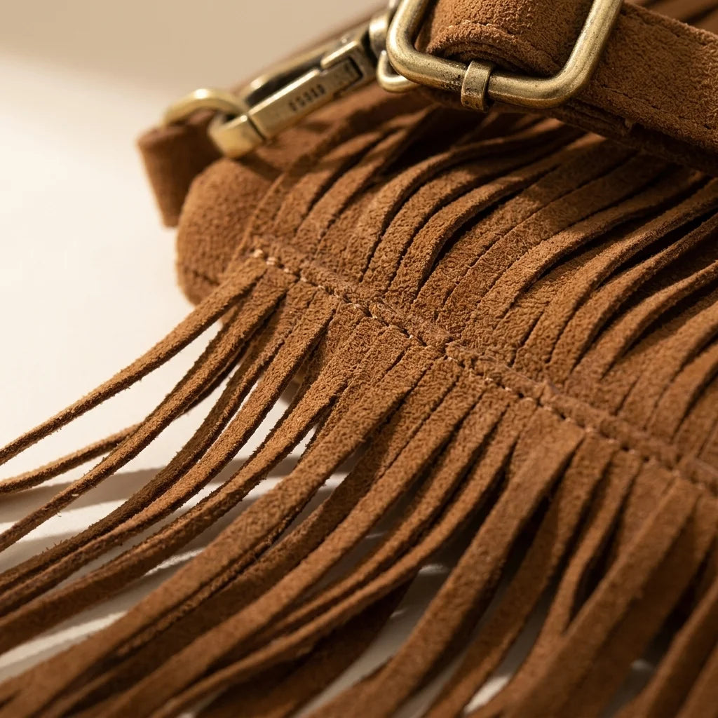 Close-up of fringe stitching and texture on Brown camel fringe crossbody bag