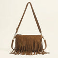 Brown camel fringe crossbody bag, front view