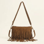 Brown camel fringe crossbody bag, front view