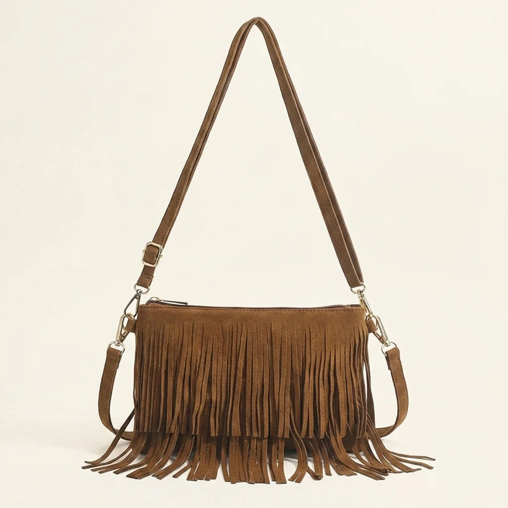 Brown camel fringe crossbody bag, front view
