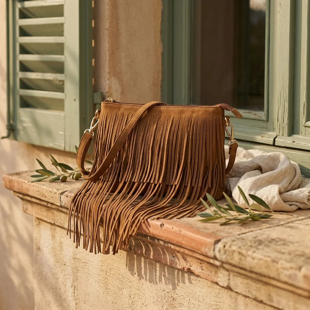 Brown camel fringe crossbody bag styled in a warm Mediterranean setting