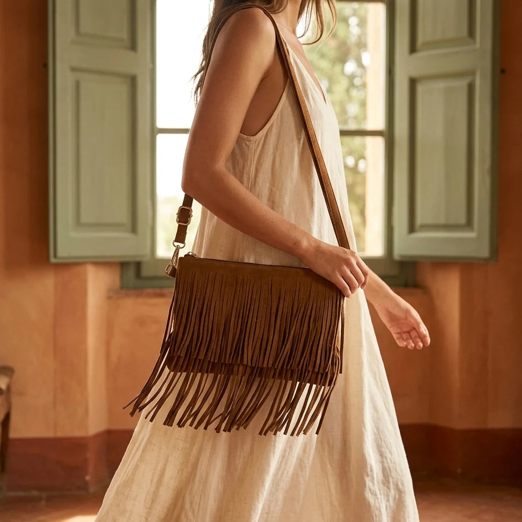Woman wearing Brown camel fringe crossbody bag with swaying fringe
