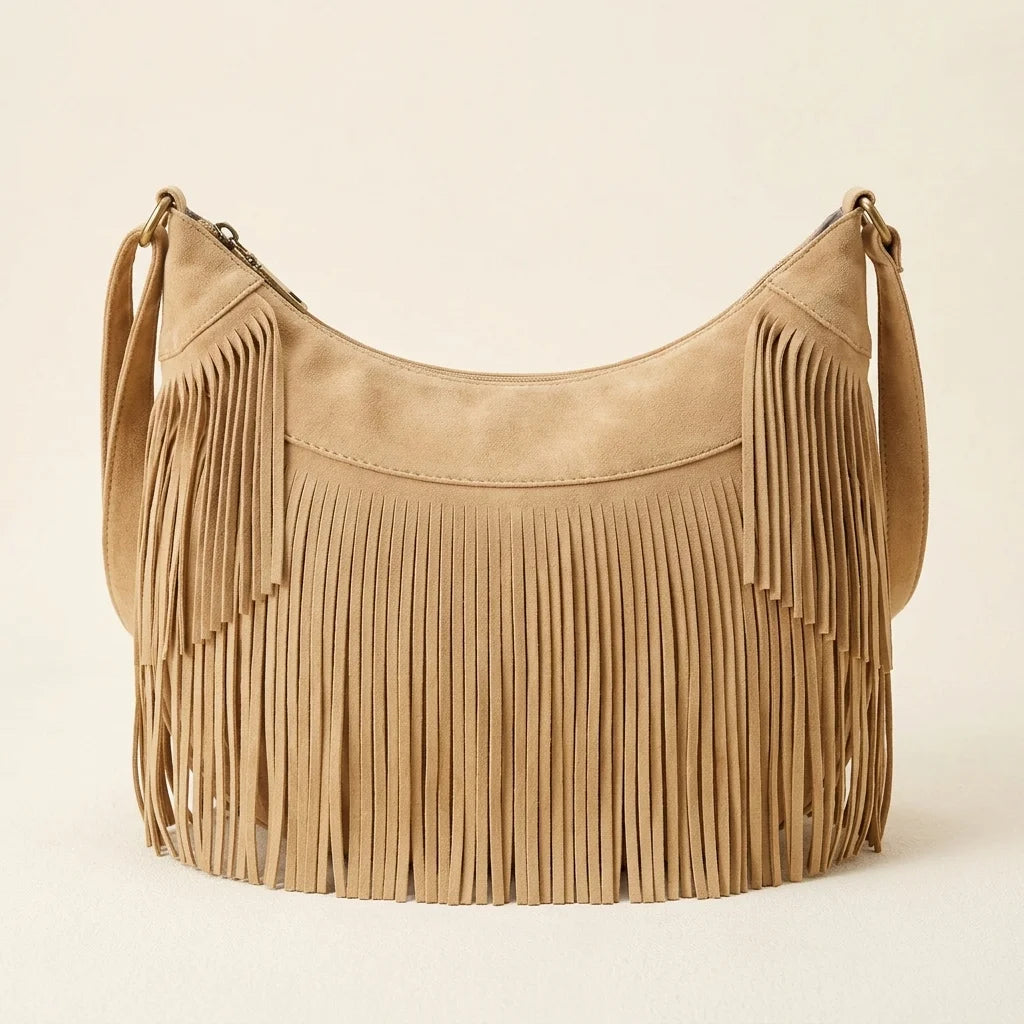 Apricot camel fringe hobo bag, front view