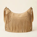 Apricot camel fringe hobo bag, front view