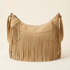 Apricot camel fringe hobo bag, front view