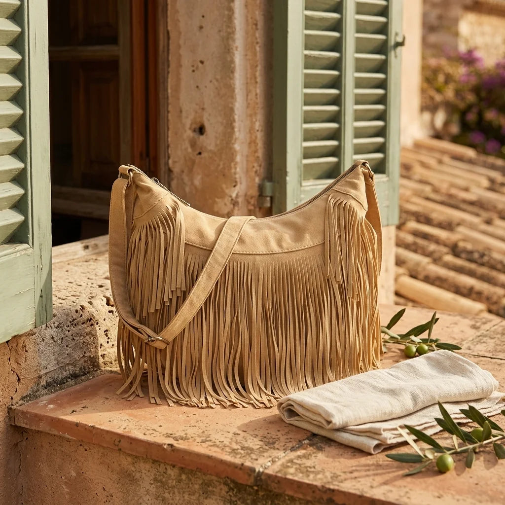 Apricot camel fringe hobo bag styled in a warm Mediterranean setting