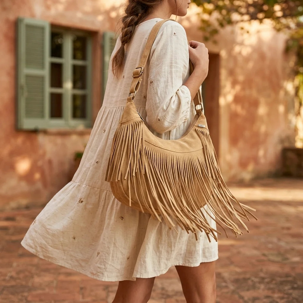Woman wearing Apricot camel fringe hobo bag with swaying fringe