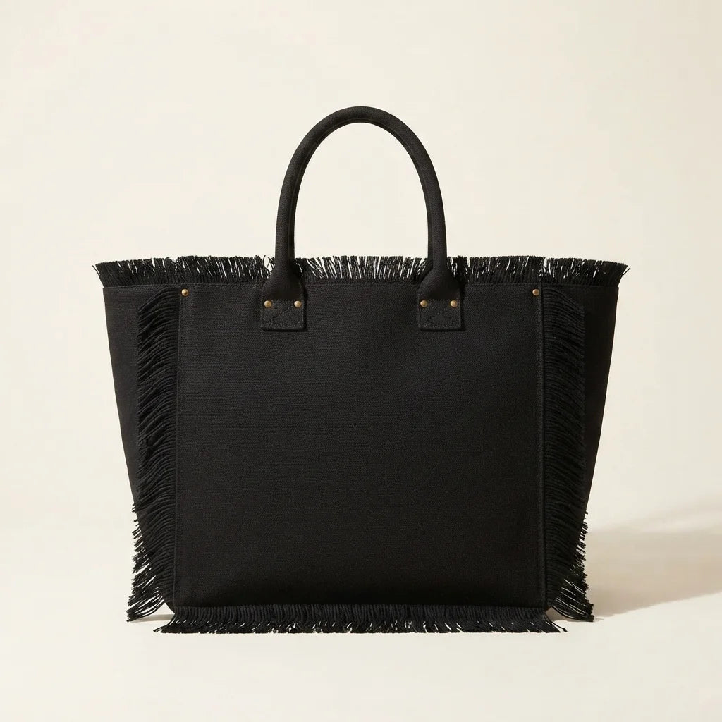 Black canvas fringe tote bag, front view
