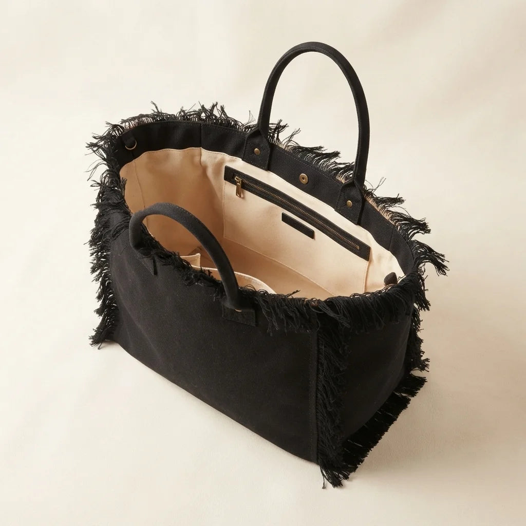 Interior lining and pockets of Black canvas fringe tote bag