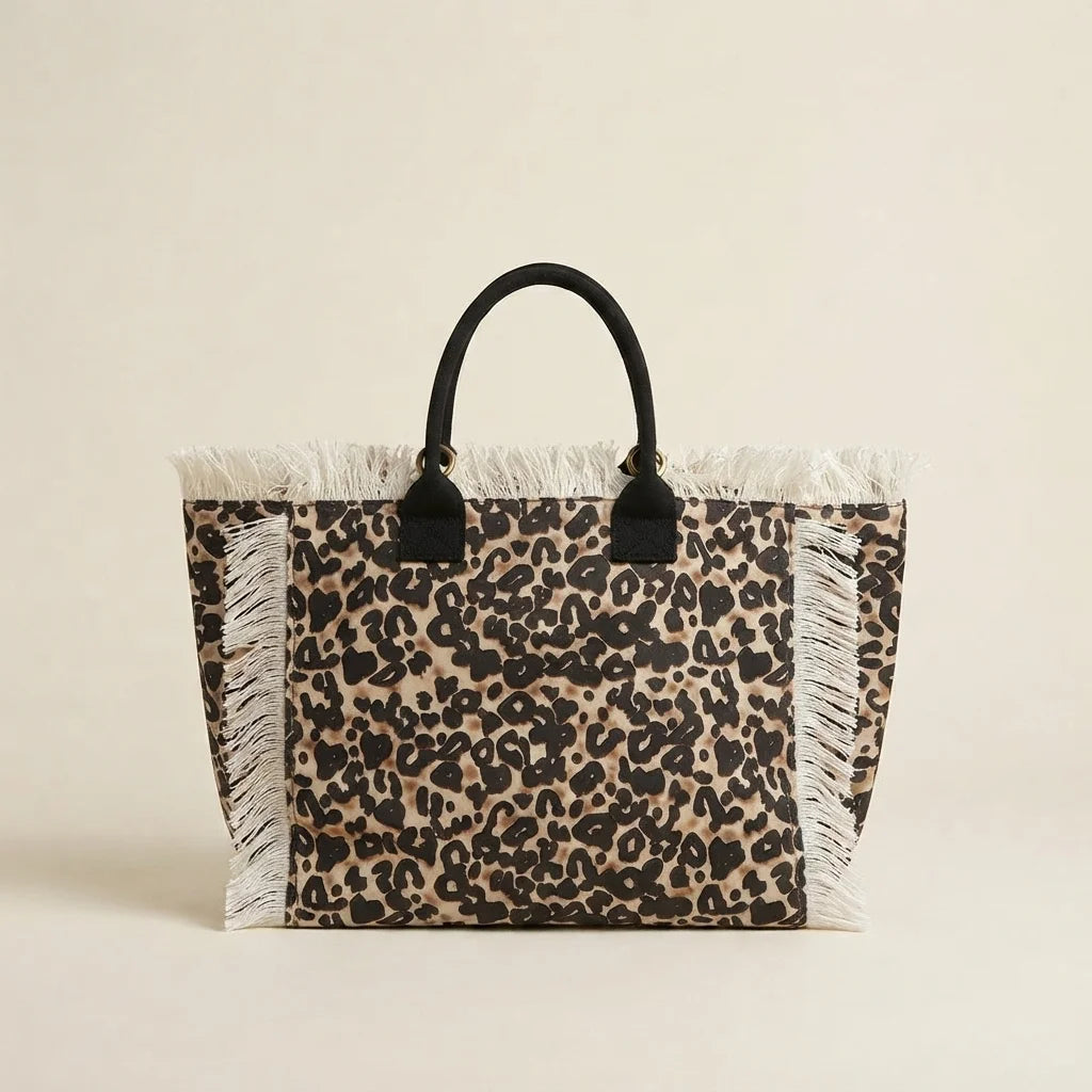 Leopard canvas fringe tote bag, front view