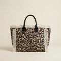 Leopard canvas fringe tote bag, front view